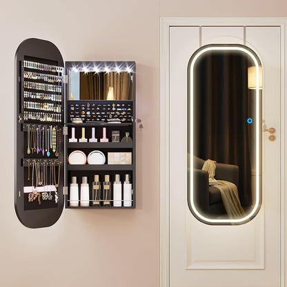 LVSOMT LED Mirror Jewelry Cabinet, Wall/Door Jewelry Organizer, 16" W Black | Lockable Jewelry Armoire with Full Length Mirror, 65 Ring and 108 Earring Slots, Foldable Shelf, Rounded Corner