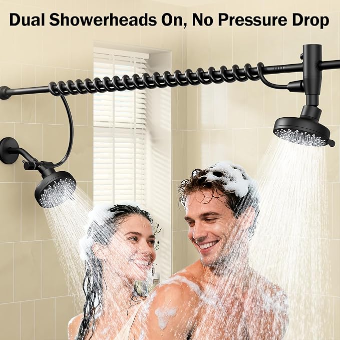 Dual Shower Head with Original Adjustable Slider, Double Showerhead, Black | High Pressure, Two People, 2 Showerhead System for Couples, Renter-Friendly, SPA-Like, Bathroom Gift for Women Men