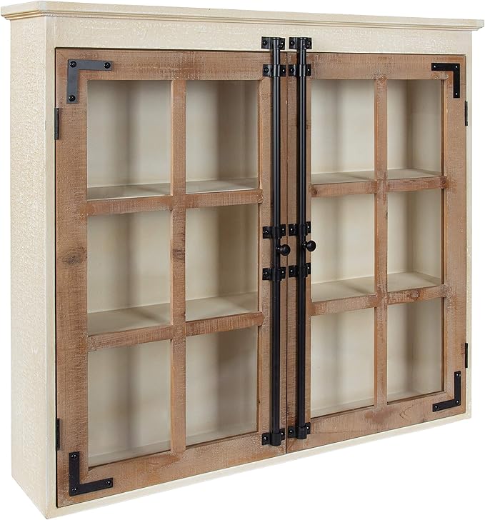 Kate and Laurel Hutchins Decorative Farmhouse Wood Wall Cabinet, 30 x 6.5 x 27.5, White and Brown, Wall Cabinet with Window Pane Glass Door
