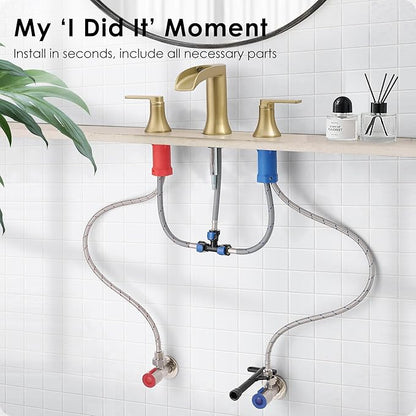 Brushed Gold Bathroom Faucet 3 Hole, 4-8 Inch Brass Widespread Waterfall Bathroom Sink Faucets with Pop Up Drain and cUPC Supply Line, 2 Handles for Vanity, Lavatory, Restroom, Apartment, Modern