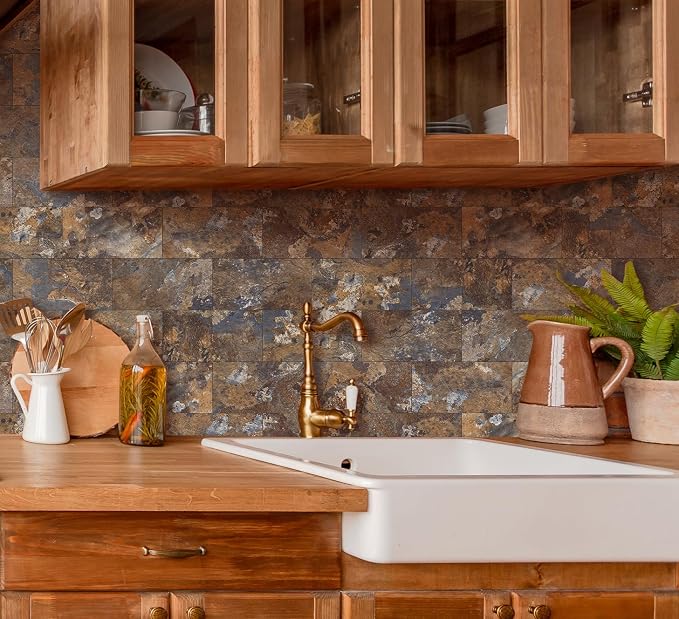 Yipscazo Peel and Stick backsplash 3 x 6 Inches 3D PVC Composite Wall Tile Stick on Backsplash Tile for Kitchen Bathroom, Laundry Room, Fireplace(Rust-Slate, 100 Pieces)