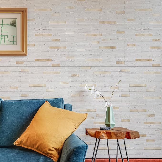 StyloVue 20 Sheets Peel and Stick Backsplash for Kitchen, Pearl White Sandstone with Metal Gold Look Stick on Tile Upgrade Your Kitchen Backsplash, RV, Fireplace