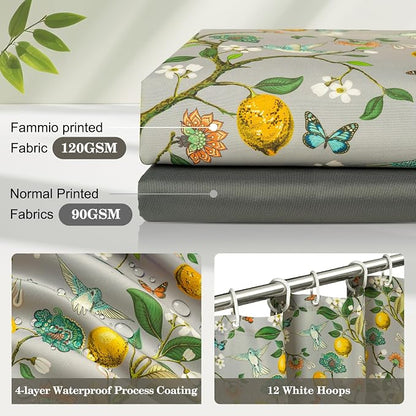 Grey Floral Bird Shower Curtain 72x72, Hummingbird and Lemon Botanical Fabric Bath Curtains, Lightweight Quick-Dry Bathroom Decor Set with Hooks