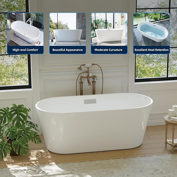 59 Inch Acrylic Freestanding Bathtub, Deep Soaking Tub with Non-Slip Base, CUPC Certified Free Standing Tub, Chrome Drain Bath Tub, Modern Tub for Bathrooms, White