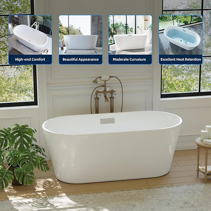 59 Inch Acrylic Freestanding Bathtub, Deep Soaking Tub with Non-Slip Base, CUPC Certified Free Standing Tub, Chrome Drain Bath Tub, Modern Tub for Bathrooms, White