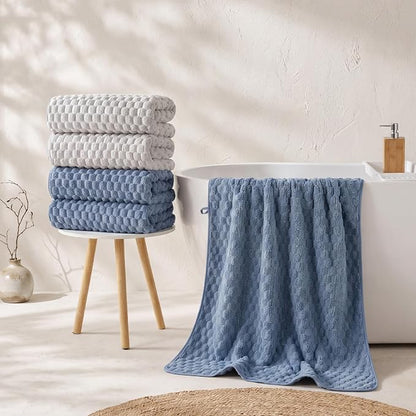 REDKISS Blue Gray Microfiber Bath Towel Large, 31”x 61” 4 Pack | Super Absorbent, Quick Dry, Super Soft, Lint Free, Fluffy Towel for Bathroom, Spa, Gym, Travel, Dorm, Ideal Everyday Use