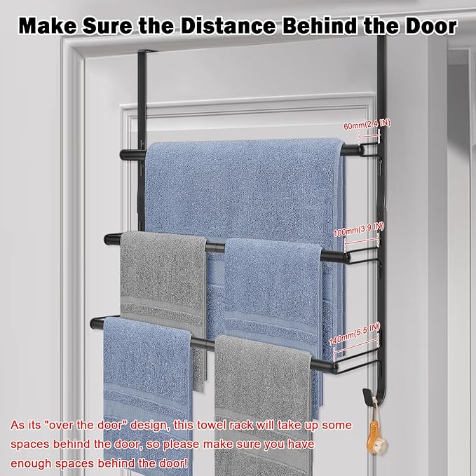 Livabber 3-Tier Over The Door Towel Rack, All Metal Towel Rack with Hooks for Door Hanging, Behind Door Towel Bar Towel Storage Holder for Bathroom Accessories, Black (22.8" L x 5.9" W x 24.4" H)