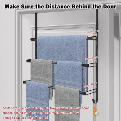 Livabber 3-Tier Over The Door Towel Rack, All Metal Towel Rack with Hooks for Door Hanging, Behind Door Towel Bar Towel Storage Holder for Bathroom Accessories, Black (22.8" L x 5.9" W x 24.4" H)