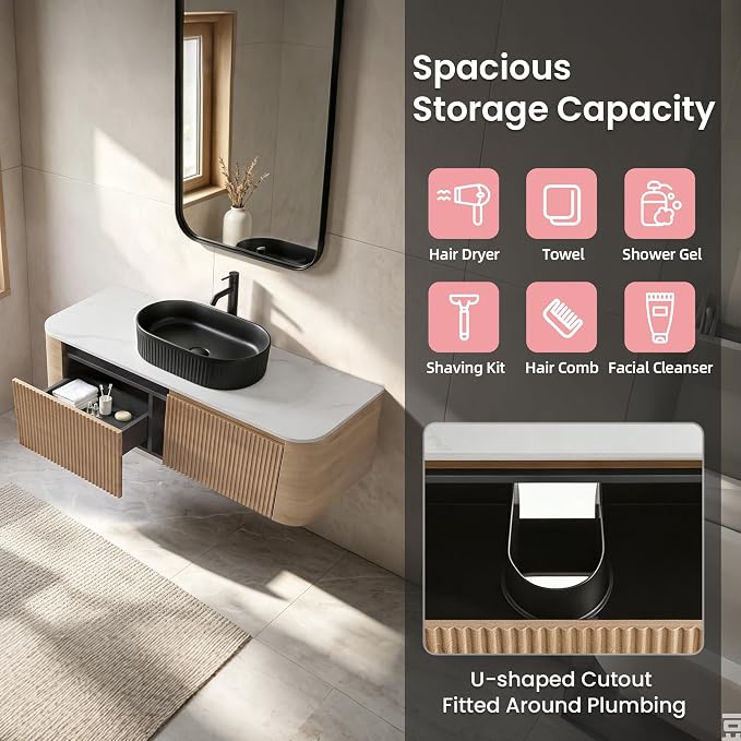 48" Floating Bathroom Vanity with Black Sink, Honey Oak | Pre-Assembled Fluted Wall Mounted Vanity with Ceramic Vessel Sink, Rounded Edges, Soft-Close Drawer & Towel Rack