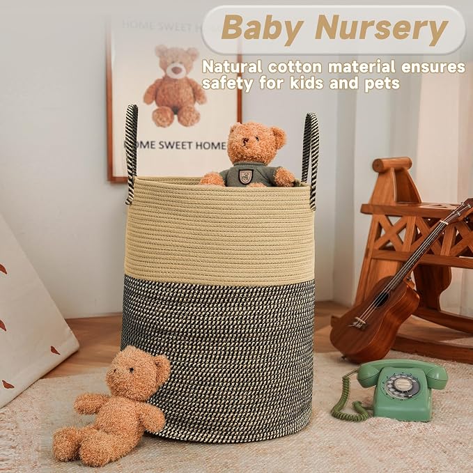 JMvicyroam 80L Cotton Rope Laundry Basket Hamper, Brown and Black | Collapsible laundry basket, reinforced handles, freestanding, machine washable, holds 3-5 thick blankets, clothes or toys
