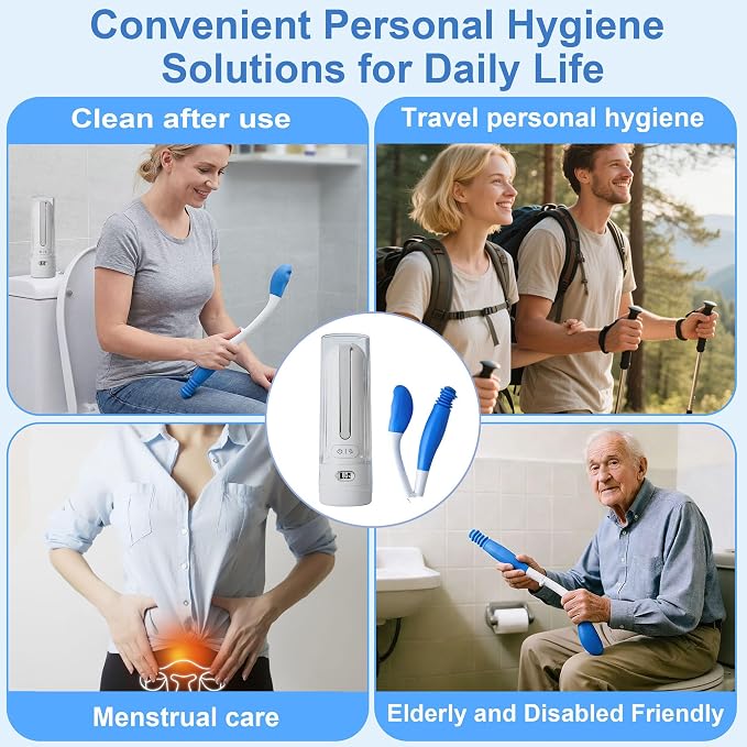 Electric Portable Bidet Toilet Aids Wiper Tool Set, White | 2-in-1 travel hygiene kit 15.7" extended length wiping tools 1600mAh Long-lasting Battery USB-C Rechargable IPX7 Waterproof
