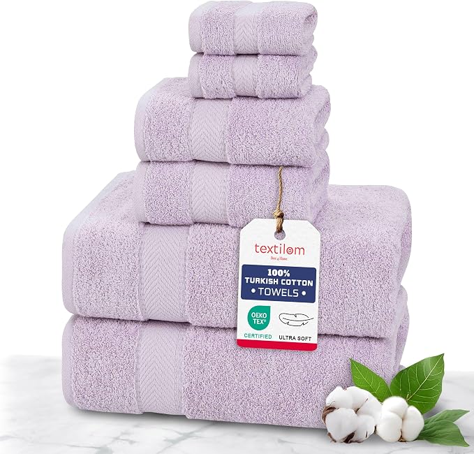 100% Turkish Cotton 6 Pcs Bath Towel Set, Luxury Soft & Absorbent Bathroom Towels Set (2 Bath Towels, 2 Hand Towels, 2 Washcloths)- Lilac