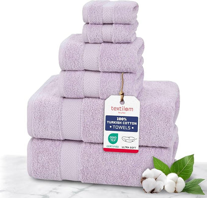100% Turkish Cotton 6 Pcs Bath Towel Set, Luxury Soft & Absorbent Bathroom Towels Set (2 Bath Towels, 2 Hand Towels, 2 Washcloths)- Lilac