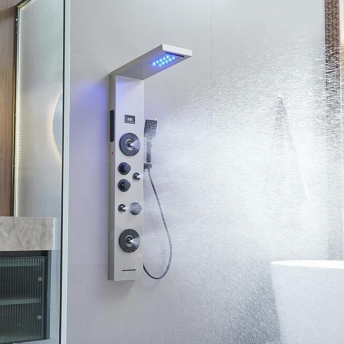 BWE Stainless Steel Shower Panel Tower System,LED Rainfall Waterfall Shower Head,4 Massage Body Jets,3 Functions Handhels Shower and Waterfall Tub Spout,Wall Mounted Shower Panel with Temp Display