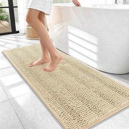 OLANLY Thick Bathroom Runner Rugs 47x17, Soft Chenille Bath Rugs, Beige | Absorbent Striped, Rubber Backing, Machine Wash, Long Bath Mats for Bathroom Floor, Tub and Shower, Home Decor Accessories