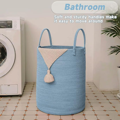 JMvicyroam 60L Cotton Rope Laundry Basket Hamper, Blue | Collapsible laundry basket, reinforced handles, freestanding, machine washable, holds 3-5 thick blankets, clothes or toys