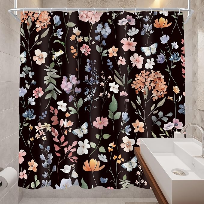 Black Flower Dark Floral Wildflower Leaves Leaf Bathroom Shower Curtain Set | 72"W x 72"H Vintage Botanical; waterproof HD print, quick-dry fabric and plastic hooks for easy setup.
