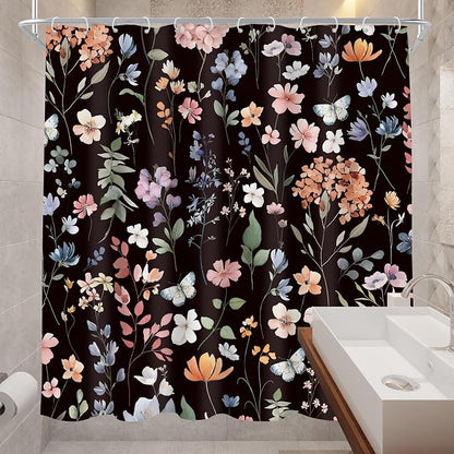 Black Flower Dark Floral Wildflower Leaves Leaf Bathroom Shower Curtain Set | 72"W x 72"H Vintage Botanical; waterproof HD print, quick-dry fabric and plastic hooks for easy setup.