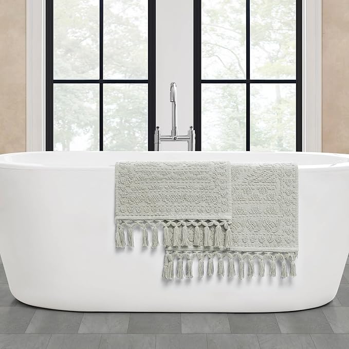 French Connection Nellore Bathroom Rugs, Set of 2 Woven and Beaded Bathroom Mats, Durable Bath Rugs, Thick Bath Mats for Bathroom and Shower Rugs, 17" x 28" and 20" x 38", Medium Grey