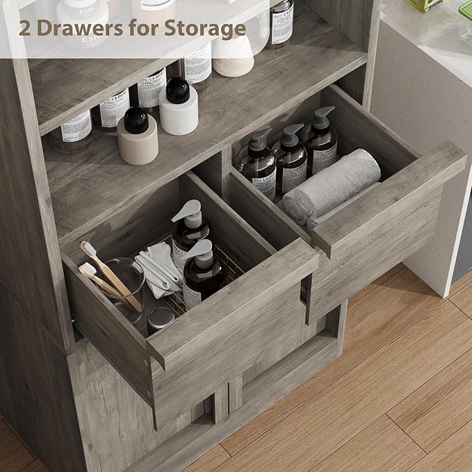 GAOMON 51" Tall Bathroom Storage Cabinet, Floor Cabinet with Doors & 2 Drawers, Organizer Cabinet Freestanding for Bathroom, Living Room, Kitchen & Pantry, Grey