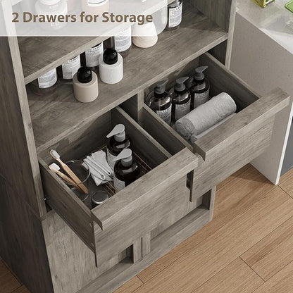 GAOMON 51" Tall Bathroom Storage Cabinet, Floor Cabinet with Doors & 2 Drawers, Organizer Cabinet Freestanding for Bathroom, Living Room, Kitchen & Pantry, Grey