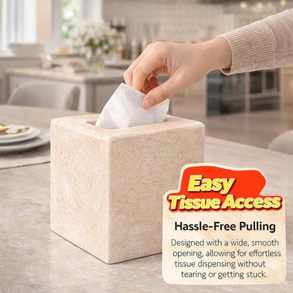 Creative Home Natural Marble Tissue Box Cover, Square Beige Tissue Holder