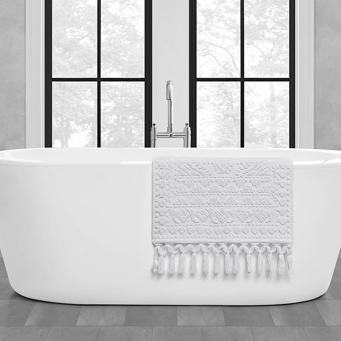 French Connection Nellore Bathroom Rugs, Woven and Beaded, Durable Bath Rugs, Thick Bath Mats for Bathroom and Shower Rugs,20" x 38", White