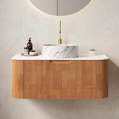 36'' Bathroom Vanities Cabinet with Sink Combo, Wall Mounted Floating Cabinet W/Curved Edges Stripes, Oak Plywood, Soft-close System with a Drawer, White Round Ceramic Basin - Kiel, Natural Wood/S