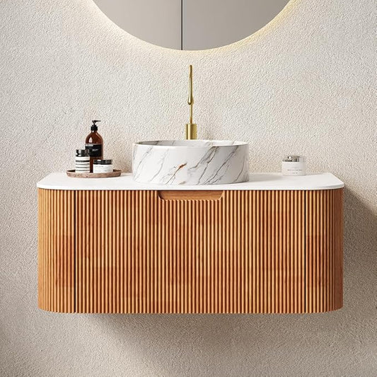 36'' Bathroom Vanities Cabinet with Sink Combo, Wall Mounted Floating Cabinet W/Curved Edges Stripes, Oak Plywood, Soft-close System with a Drawer, White Round Ceramic Basin - Kiel, Natural Wood/S