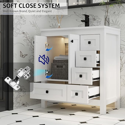 eclife 30" Bathroom Vanities with Sink Combo, Modern Thickened Wood Bathroom Storage Cabinet w/Undermount Sink, Matte Black Faucet Drain, Painted Surface, White