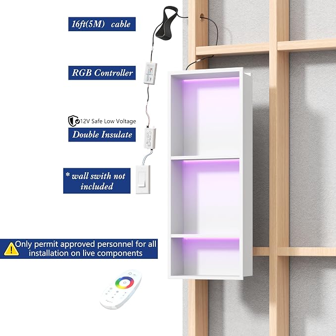 3-Tiers 12x30 Inch Wall Niche with RGB LED Light Strips, White Shower Niche Cabinet, Stainless Steel Bathroom Shelf, NO Tile Needed Recessed Storage Organizer Waterproof