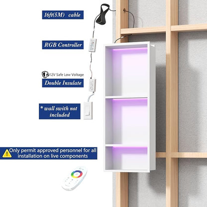 3-Tiers 12x30 Inch Wall Niche with RGB LED Light Strips, White Shower Niche Cabinet, Stainless Steel Bathroom Shelf, NO Tile Needed Recessed Storage Organizer Waterproof