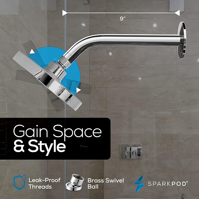SparkPod 6" Rain Shower Head High Pressure w/ 9" Shower Arm, Chrome | High Pressure Shower Heads, 90 Nozzles, Adjustable Showerhead, No Tools Needed, Universal Connection, Gain Space & Style