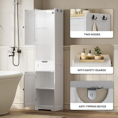 LIKIMIO Tall Bathroom Storage Cabinet with Lights, 2 Doors and 1 Drawer | Narrow Bathroom Storage Cabinet with Adjustable Shelves, 2 Hook, Slim Freestanding Cabinet for Small Space, 15.7" Wide, White