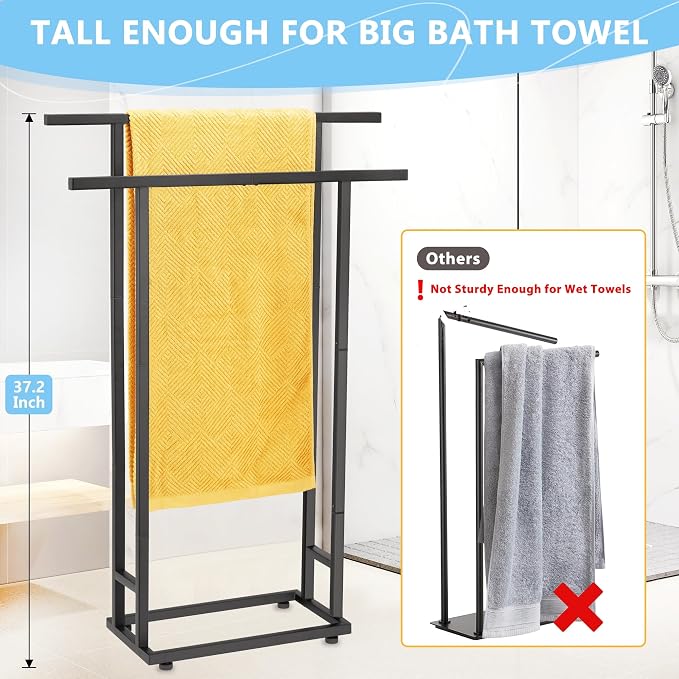 2 Tier Tall Free Standing Towel Racks for Bathroom | Metal Drying Rack for Oversized Bath Towels & Blankets, Indoor & Outdoor Use, Fits Bathroom, Pool, Black