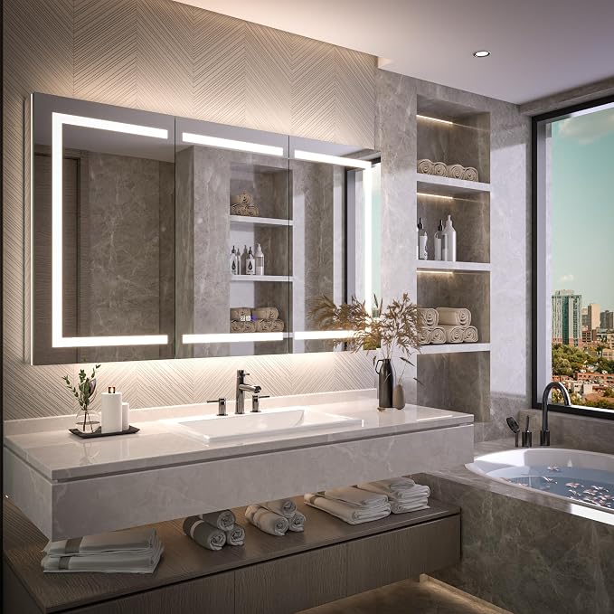 Smart LED Medicine Cabinet with Mirror, 60W×36H Inch Bathroom Storage Medicine Cabinet, 3 Color Stepless Dimming & Anti-Fog, 5X Magnifier, Night Light, 3 Doors, DTC Soft-Close Hinges