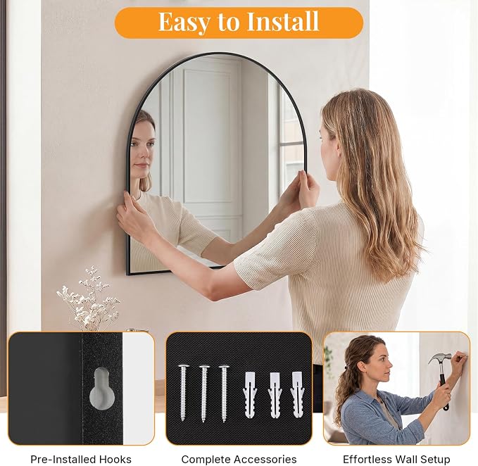 Sweetcrispy 31"x32" Arched Bathroom Mirror, Bathroom Mirrors for Over Sink | Modern Wall Mirrors Arch Decorative for Entryway, Bedroom, Vanity,Horizontal or Vertical Hanging, Black