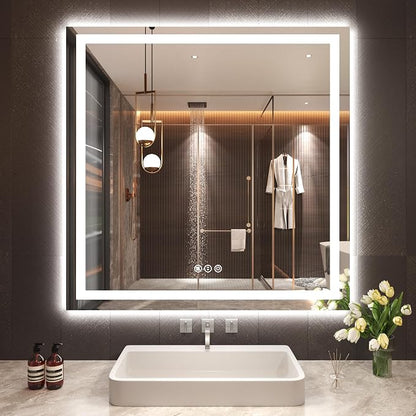 Snowdool 36 x 36 in LED Bathroom Mirror, Front and Backlit, Anti-Fog | Front and Backlit, 3 Color Temperatures, Anti-Fog, Tempered Glass