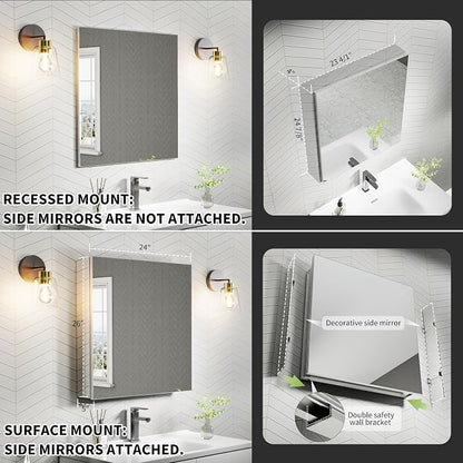 24x26 Inch Recessed Medicine Cabinet with Mirror, Aluminum Medicine Cabinet Mirror, Recessed or Surface Mount with 2 Adjustable Shelves Storage Organizer, Pre-Assembled Door, Soft-Closed System