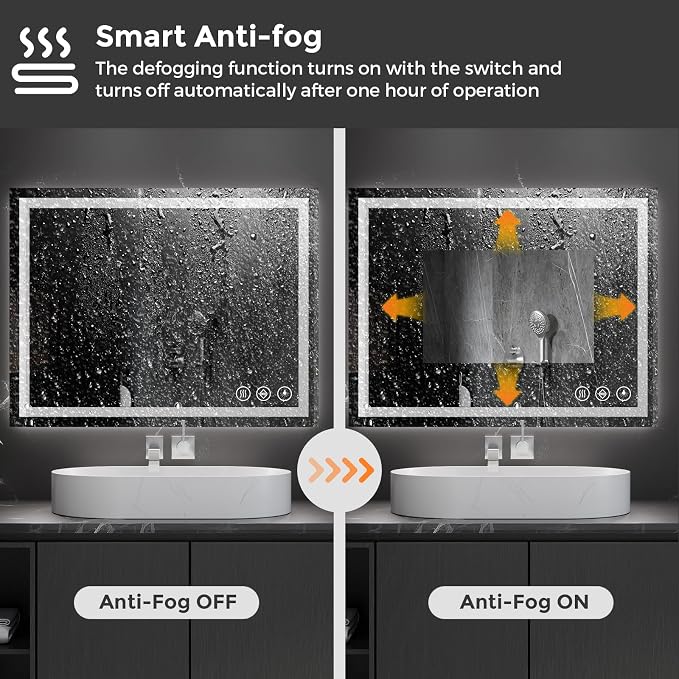 Koonmi 36x24 LED Bathroom Mirror with Light, Anti-Fog, 3 Colors | Backlit + Front Lit, Dimmable Brightness, Shatterproof HD Distortion-Free Tempered Glass, Hardware Included