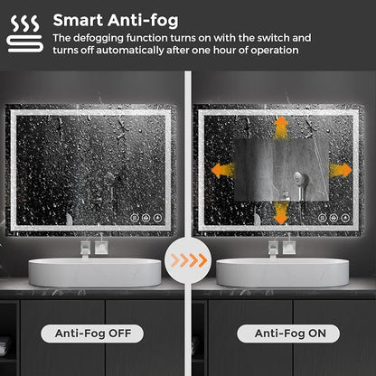 Koonmi 36x28 LED Bathroom Mirror with Light, Anti-Fog, 3 Colors | Backlit + Front Lit, Dimmable Brightness, Shatterproof HD Distortion-Free Tempered Glass, Hardware Included