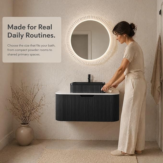 36 Inch Bathroom Vanity with Sink, Floating Wall Mounted Single Sink Vanity, Black Curved Fluted Front, Stone Top, Black Textured Rectangular Vessel Basin, Pre-Assembled