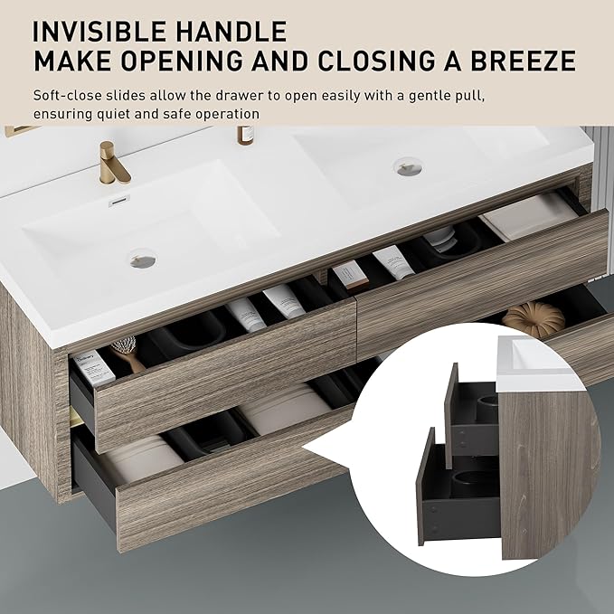Abruzzo 60" Ash Grey Wall-Mounted Bathroom Vanity with Double Sink – Stone Resin Countertop & Soft-Close Drawers, Waterproof Wood Cabinet for Small Bathrooms