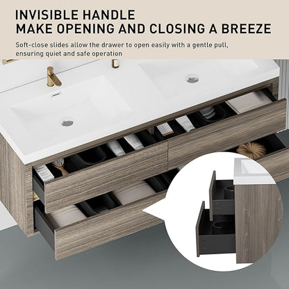 Abruzzo 60" Ash Grey Wall-Mounted Bathroom Vanity with Double Sink – Stone Resin Countertop & Soft-Close Drawers, Waterproof Wood Cabinet for Small Bathrooms