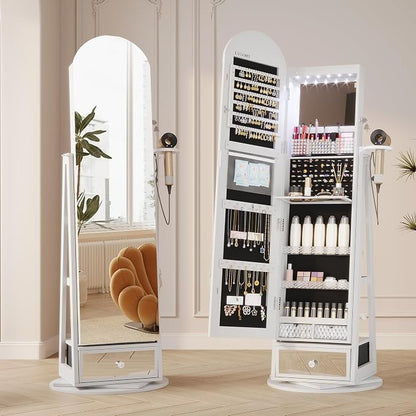 LVSOMT 64" H Arched LED Mirror Jewelry Cabinet Standing, White | 360° Swivel Full-Length Mirror with Storage, Lockable Jewelry Organizer with Inner Makeup Shelf, Gift for Women