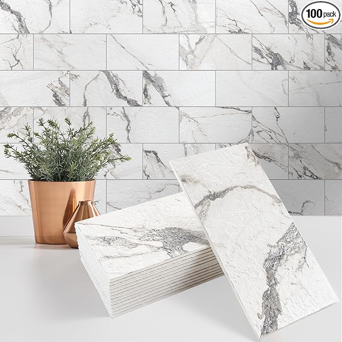 StyloVue 100 Pieces Peel and Stick Backsplash for Kitchen, 3" x 6" PVC Subway Tile, 2026 Upgraded Volakas White Marble, Stick on Wall Tile for Kitchen, Bathroom, Fireplace, RV