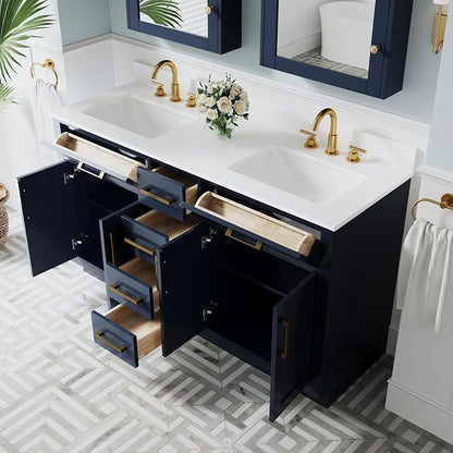 60-Inch Bathroom Vanity with Double Sinks W/ 4 Doors & 4 Drawers & 2 Flip Drawers, Navy Blue Vanity W/Brushed Gold Handles
