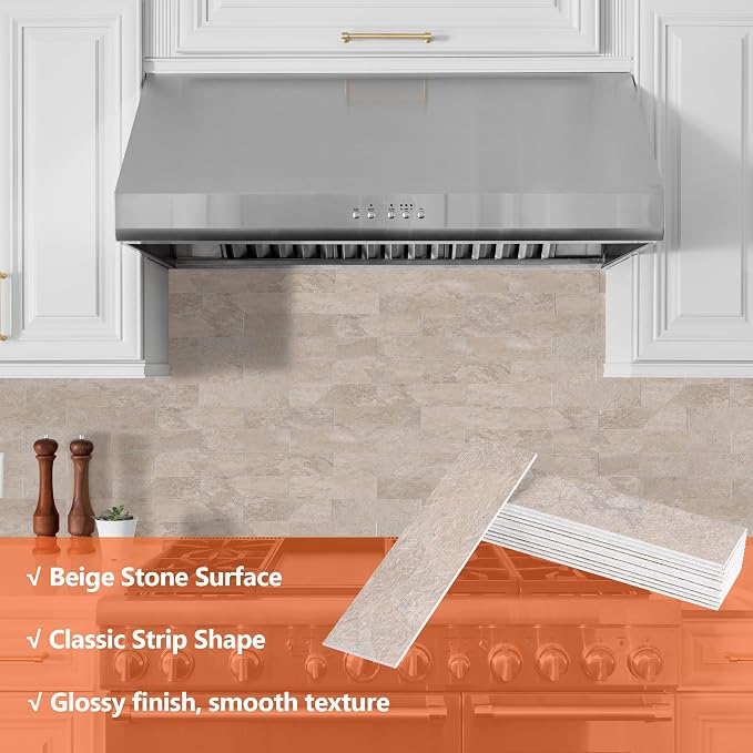 80-Piece Stone Beige Thick PVC Peel and Stick Backsplash, 2" x 8" Waterproof Subway Tile Peel and Stick Wall Tiles for Kitchen and Bathroom