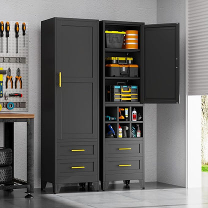 Tall Metal Narrow Storage Cabinet 67" H with 2 Drawer,Black Kitchen Pantry Cabinets with 2 Adjustable Shelves and Door,Cuby Storage Orgainzer,Tall Bathroom Cabinet for Kitchen, Home Office,Dining Room