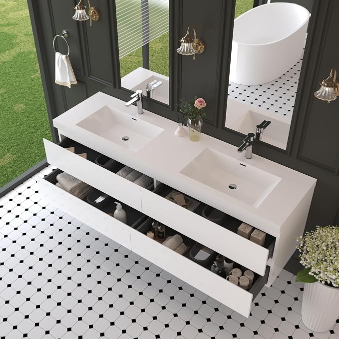 72 Inch Floating Bathroom Vanity with Sink,Glossy White | Storage Cabinet Wall Mounted Cabinet, Double Solid Surface Basin, 4 Soft Close Drawers, Fully Assembled